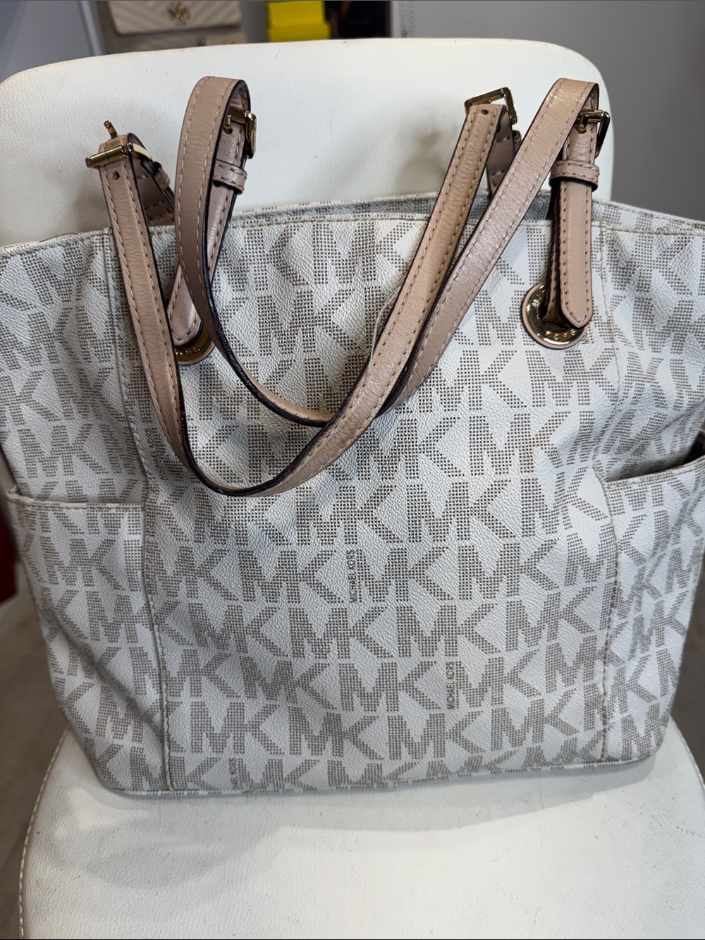 Michael Kors Taupe Logo Tote with Pale Pink Trim